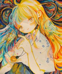 Rule 34 | 1girl, abstract background, antennae, blonde hair, blue hair, collared shirt, glowing, highres, index finger raised, jewelry, long hair, looking at viewer, multicolored hair, nail polish, necklace, no nose, original, pink nails, shirt, short sleeves, sizucomaru, solo, surreal, upper body, white shirt