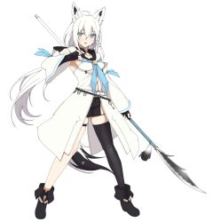 Rule 34 | 1girl, adapted costume, ahoge, animal ears, belt, blue eyes, boots, braid, commentary request, detached sleeves, fingerless gloves, fox ears, fox girl, fox tail, gloves, highres, hololive, key, low ponytail, naginata, okunin, polearm, shirakami fubuki, shirakami fubuki (1st costume), shorts, simple background, single thighhigh, solo, tail, thighhighs, virtual youtuber, weapon, white background, white hair