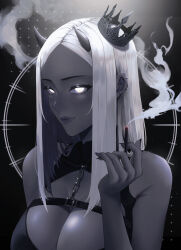Rule 34 | 1girl, absurdres, barbell piercing, bare shoulders, breasts, center opening, cigarette, cleavage, closed mouth, commentary request, crown, dark-skinned female, dark skin, demon horns, ear piercing, glowing, glowing eyes, greyscale, hand up, highres, holding, holding cigarette, horns, industrial piercing, kuragevvv, large breasts, light smile, long hair, looking at viewer, mini crown, monochrome, no pupils, original, piercing, simple background, sleeveless, smoke, solo, upper body