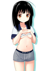 Rule 34 | 1girl, ahoge, black hair, blush, boxers, breasts, brown eyes, clothes lift, cowboy shot, female focus, interlocked fingers, long hair, male underwear, navel, open mouth, original, piyodera mucha, shirt lift, simple background, small breasts, solo, standing, underboob, underwear, white background