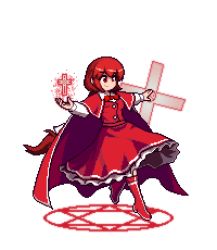 Rule 34 | 1girl, antinomy of common flowers, boots, bow, bowtie, buttons, cape, capelet, commentary, cross, frilled skirt, frills, hands up, hexagram, knee boots, long hair, long sleeves, lowres, magic, official style, okazaki yumemi, pixel art, red bow, red bowtie, red eyes, red footwear, red hair, red skirt, red vest, ribbon, shirt, sidelocks, skirt, smile, solo, the hammer (pixiv30862105), touhou, touhou (pc-98), transparent background, very long hair, vest, white shirt