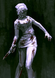 Rule 34 | blood, blood on clothes, blood on hands, bloody weapon, breasts, bubble head nurse, cleavage, colored skin, dress, faceless, gloves, hat, highres, holding, holding knife, holding weapon, horror (theme), knife, medium breasts, menka (menka wata), monster girl, nurse, nurse (silent hill), nurse cap, silent hill (series), silent hill 2, weapon, white dress, white gloves, white skin, wide hips