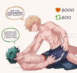 Rule 34 | 2boys, abs, athena av, bakugou katsuki, black male underwear, blonde hair, blue shorts, boku no hero academia, commentary, english commentary, english text, green hair, highres, instagram logo, instagram username, looking at another, lying, male focus, male underwear, meme, midoriya izuku, multiple boys, multiple scars, on back, scar, scar on arm, scar on chest, scar on hand, shorts, simple background, speech bubble, spiked hair, topless male, twitter logo, twitter strip game (meme), twitter username, underwear, undressing another, yaoi