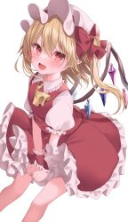 Rule 34 | 1girl, :d, ascot, bare legs, bow, crystal, flandre scarlet, frilled skirt, frills, hat, hat bow, highres, looking at viewer, marurupan, medium hair, mob cap, open mouth, pointy ears, red bow, red eyes, red skirt, red vest, shirt, short sleeves, simple background, skirt, skirt tug, smile, solo, touhou, vest, white background, white hat, white shirt, wings, wrist cuffs, yellow ascot