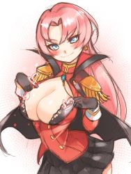 Rule 34 | 1girl, arched back, azur lane, bad id, bad twitter id, black bra, black cape, black gloves, black skirt, blouse, blue eyes, blush, bra, bra peek, breasts, brooch, buttons, cape, cleavage, cleavage cutout, closed mouth, clothing cutout, duke of york (azur lane), earrings, epaulettes, gloves, hair between eyes, hair intakes, highres, jewelry, large breasts, long hair, long sleeves, miniskirt, narrow waist, pink hair, pleated skirt, pointy ears, red shirt, shirt, single earring, skirt, sleeve cuffs, smile, solo, sugihara (sugihara2000), turtleneck, underwear, v-shaped eyebrows