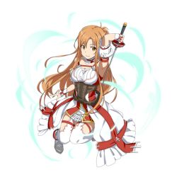 Rule 34 | 1girl, arm up, asuna (sao), breasts, brown hair, choker, detached sleeves, full body, holding, holding sword, holding weapon, large breasts, long hair, rapier, solo, sword, sword art online, thigh strap, thighhighs, transparent background, very long hair, weapon, white thighhighs, wrist cuffs