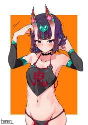 Rule 34 | 1girl, bare shoulders, black fundoshi, blush, border, breasts, chinese clothes, choker, closed mouth, collarbone, detached sleeves, dudou, earrings, eyeliner, fate/grand order, fate (series), forehead jewel, fundoshi, hands in hair, hands up, headpiece, heart, highres, horns, japanese clothes, jewelry, low twintails, makeup, nagatani (nagata2), navel, oni, orange background, purple eyes, purple hair, short eyebrows, short hair, short twintails, shuten douji (fate), shuten douji (fate/grand order), shuten douji (halloween caster) (fate), simple background, skin-covered horns, small breasts, solo, twintails, white border