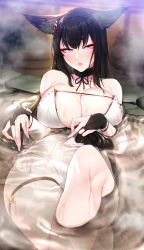 Rule 34 | 1girl, akchu, alternate costume, alternate hair color, amagi (azur lane), amagi (wending waters serene lotus) (azur lane), animal ear fluff, animal ears, azur lane, bare shoulders, bikini, black hair, black legwear, black ribbon, blurry, blurry background, breasts, bucket, choker, cleavage, collarbone, commentary, foreshortening, fox ears, groin, hair ornament, half-closed eyes, hands up, highres, knee up, large breasts, lips, long hair, looking at viewer, navel, neck ribbon, onsen, paid reward available, parted lips, partially submerged, purple eyes, reclining, reflection, reflective water, ribbon, see-through, solo, steam, swimsuit, thick eyebrows, thick thighs, thigh strap, thighs, water, wet, white bikini, wide hips