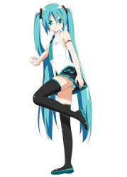 Rule 34 | 1girl, aqua eyes, aqua hair, aqua nails, aqua necktie, bare shoulders, black skirt, black thighhighs, boots, commentary, from side, full body, hair ornament, hatsune miku, kani biimu, lat model (mikumikudance), leg up, long hair, looking at viewer, miniskirt, nail polish, necktie, outstretched arm, panties, pantyshot, pleated skirt, shirt, shoulder tattoo, skirt, sleeveless, sleeveless shirt, smile, solo, standing, striped clothes, striped panties, tattoo, thigh boots, thighhighs, twintails, underwear, very long hair, vocaloid, white background, white shirt
