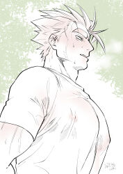 Rule 34 | 1boy, bara, blush, covered erect nipples, deruha (this communication), from side, highres, huge eyebrows, large pectorals, light frown, looking ahead, male focus, muscular, muscular male, muted color, open mouth, pectorals, pink hair, profile, shirt, short hair, solo, spiked hair, sweat, t-shirt, this communication, umedairuka, upper body, very sweaty