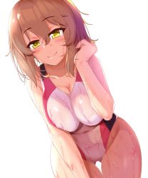 Rule 34 | 1girl, blush, breasts, brown hair, cleavage, closed mouth, collarbone, competition swimsuit, gluteal fold, green eyes, hair between eyes, hand on own cheek, hand on own face, highres, kantai collection, kurokoshou (emuburemu123), large breasts, leaning forward, messy hair, mutsu (kancolle), one-piece swimsuit, pink one-piece swimsuit, short hair, simple background, smile, solo, swimsuit, thigh gap, wet, white background