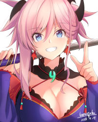 Rule 34 | 1girl, asymmetrical hair, bare shoulders, blue eyes, breasts, cleavage, commentary request, detached collar, earrings, fate/grand order, fate (series), hair between eyes, hair ornament, japanese clothes, jewelry, karaage bou, katana, kimono, large breasts, long hair, long sleeves, magatama, miyamoto musashi (fate), miyamoto musashi (third ascension) (fate), open mouth, over shoulder, pink hair, ponytail, simple background, solo, sword, sword over shoulder, teeth, upper body, weapon, weapon over shoulder, white background
