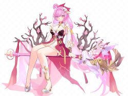 Rule 34 | 1girl, arin (1010 ssu), bell, blush, branch, breasts, cherry blossoms, cleavage, closed mouth, dress, elf, elysia (herrscher of human: ego) (honkai impact), elysia (honkai impact), elysia (peachy spring) (honkai impact), flower, hair bell, hair flower, hair ornament, high heels, highres, honkai (series), honkai impact 3rd, large breasts, legs, long hair, looking at viewer, pink eyes, pink hair, pink pupils, pointy ears, red dress, simple background, sitting, smile, solo, staff, thighs, very long hair, white background, white footwear