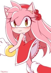 Rule 34 | 1girl, amy rose, blush, boots, bracelet, breasts, dress, flower, furry, furry female, gloves, green eyes, hair flower, hair ornament, hairband, highres, jewelry, long hair, looking at viewer, looking back, medium breasts, red dress, red flower, red hairband, red rose, rose, solo, sonic (series), tail, tasikyu, walking, white gloves