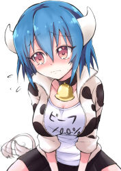 Rule 34 | 1girl, absurdres, animal print, averting eyes, bell, black skirt, blue hair, blush, breasts, brown eyes, cleavage, closed mouth, cow girl, cow horns, cow print, cow tail, cowbell, embarrassed, highres, horns, jacket, jashin-chan dropkick, large breasts, minos (jashin-chan dropkick), neck bell, print jacket, shirt, short hair, simple background, skirt, solo, tail, track jacket, white background, white shirt, yuuki shushu