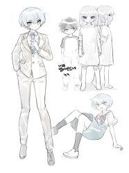 Rule 34 | 2boys, 2girls, aged down, angela (project moon), angelica (project moon), argalia (project moon), ayanami rei, ayanami rei (cosplay), bandages, black socks, blue eyes, blue hair, blue necktie, blue skirt, brother and sister, cosplay, dress, formal, friedbirdchips, grey vest, highres, jacket, library of ruina, looking to the side, multiple boys, multiple girls, multiple views, necktie, neon genesis evangelion, pants, project moon, roland (project moon), school uniform, shirt, shoes, siblings, simple background, skirt, socks, suit, tokyo-3 middle school uniform, vest, white background, white dress, white footwear, white hair, white jacket, white pants, white shirt, white suit, yellow eyes