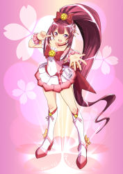 Rule 34 | 1girl, anchor, blush, boots, bow, cosplay, cure blossom, cure blossom (cosplay), dated, dress, floral background, full body, gift, gradient background, hair bow, hair ornament, heartcatch precure!, high heel boots, high heels, high ponytail, kamikaze (kancolle), kantai collection, kneehighs, long hair, moke ro, open mouth, outstretched arm, pink background, pink dress, precure, purple bow, purple eyes, purple footwear, purple hair, short sleeves, smile, socks, solo, twitter username, very long hair, white socks