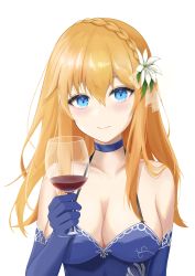 Rule 34 | 1girl, absurdres, bare shoulders, blonde hair, blue choker, blue dress, blue eyes, blue gloves, blush, braid, breasts, choker, cleavage, closed mouth, codename696, collarbone, commentary, commission, cup, dress, drinking glass, elbow gloves, flower, girls&#039; frontline, gloves, hair flower, hair ornament, highres, holding, holding cup, large breasts, lips, long hair, looking at viewer, mosin-nagant (girls&#039; frontline), mosin-nagant (moonlit ocean) (girls&#039; frontline), official alternate costume, red wine, skeb commission, smile, solo, upper body, white background, wine glass