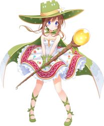 Rule 34 | &gt;:(, 1girl, artist request, blue eyes, breasts, brown hair, cape, cleavage, dress, flower, full body, gloves, green cape, green footwear, green gloves, green hat, hair flower, hair ornament, hat, holding, holding wand, long hair, looking at viewer, low twintails, mary janes, official art, oshiro project:re, shoes, sleeveless, sleeveless dress, smile, solo, spis (oshiro project), transparent background, twintails, v-shaped eyebrows, wand, white dress