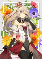 Rule 34 | 1girl, black gloves, black legwear, blue flower, blush, breasts, brown eyes, closed mouth, cowboy shot, crown, detached collar, detached sleeves, dress, dress grab, flower, gloves, grey hair, hand up, highres, long hair, looking at viewer, mini crown, open clothes, open dress, orange flower, original, pelvic curtain, pink flower, puffy short sleeves, puffy sleeves, short sleeves, sidelocks, small breasts, solo, strapless, strapless dress, sutorora, two side up, yellow flower