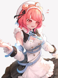 Rule 34 | 1girl, absurdres, ahoge, apron, belt, black ribbon, blue belt, blue necktie, blush, breasts, cleavage, commentary request, cowboy shot, detached sleeves, double bun, dress, flying sweatdrops, frilled dress, frilled sleeves, frills, hair bun, hair ribbon, hat, highres, looking down, maid apron, maid headdress, medium breasts, mizu (sui), necktie, open mouth, red eyes, red hair, ribbon, short hair, simple background, solo, virtual youtuber, vspo!, white background, white hat, wrist belt, yumeno akari