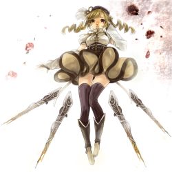 Rule 34 | 10s, 1girl, beret, black thighhighs, blonde hair, boots, corset, detached sleeves, dress, drill hair, flower, from below, full body, gun, hat, knee boots, long hair, magical musket, mahou shoujo madoka magica, mahou shoujo madoka magica (anime), red flower, red rose, rifle, rose, smile, solo, striped clothes, striped thighhighs, thighhighs, thighhighs under boots, tomoe mami, twin drills, twintails, vertical-striped clothes, vertical-striped thighhighs, weapon, whiteenager, yellow eyes, youcapriccio, yuu (higashi no penguin)