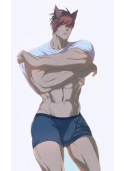 Rule 34 | 1boy, abs, animal ears, bara, black male underwear, boxer briefs, bulge, clothes lift, erection, erection under clothes, highres, large pectorals, league of legends, male focus, male underwear, muscular, muscular male, navel, pectorals, red hair, ryub, scar, scar on face, scar on nose, sett (league of legends), shirt, shirt lift, short hair, solo, thick thighs, thighs, underwear, white shirt