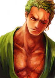 Rule 34 | 1boy, bad id, bad pixiv id, earrings, jewelry, looking at viewer, male focus, muscular, one-eyed, one piece, open clothes, open shirt, pectorals, robe, roronoa zoro, scar, serious, shirt, simple background, solo, tsuyomaru, white background