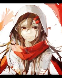 Rule 34 | 1girl, brown eyes, brown hair, floating scarf, hair ornament, hairclip, highres, hood, hoodie, kagerou project, letterboxed, long hair, red scarf, scarf, sensui chuu, solo, tateyama ayano