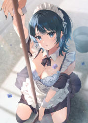Rule 34 | 1girl, apron, arm up, bare shoulders, black dress, black hair, black nails, black thighhighs, blue bra, blue eyes, blue flower, bra, breasts, bucket, cleavage, collarbone, commentary request, dress, flower, highres, long hair, looking at viewer, maid, maid headdress, medium breasts, mole, mop, nail polish, omelet tomato, on floor, original, over-kneehighs, parted lips, puffy short sleeves, puffy sleeves, short sleeves, solo, thighhighs, tile floor, tiles, underwear, white apron, wrist cuffs