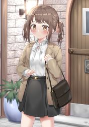 Rule 34 | 1girl, absurdres, bag, belt, black skirt, blazer, brown eyes, brown hair, brown jacket, closed mouth, collar, commentary request, cowboy shot, door, frilled collar, frills, hair ribbon, handbag, highres, holding, holding bag, jacket, lamp, long sleeves, looking at viewer, medium hair, nedia (nedia region), original, paw print, plant, potted plant, ribbon, shirt, sidelocks, skirt, smile, solo, standing, twintails, white shirt, wooden door