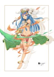 Rule 34 | 1girl, anklet, blue eyes, blue hair, feet, female focus, flower, gloves, headdress, highres, jewelry, lots of jewelry, matching hair/eyes, midriff, navel, parvati (p&amp;d), puzzle &amp; dragons, solo
