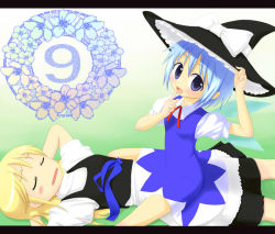 Rule 34 | 2girls, arms behind head, blonde hair, blue eyes, blue hair, circled 9, cirno, closed eyes, fang, finger to mouth, hat, unworn hat, hat ribbon, unworn headwear, ice, ice wings, izu, kirisame marisa, letterboxed, lying, multiple girls, open mouth, puffy short sleeves, puffy sleeves, ribbon, short hair, short sleeves, touhou, wings, witch hat
