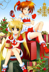 Rule 34 | 2girls, absurdres, bike shorts, blue eyes, boots, brown hair, christmas, fate testarossa, highres, legs, long hair, lyrical nanoha, mahou shoujo lyrical nanoha, mahou shoujo lyrical nanoha a&#039;s, mittens, multiple girls, non-web source, nyantype, official art, one eye closed, red eyes, red footwear, red mittens, santa boots, santa costume, takamachi nanoha, twintails, very long hair
