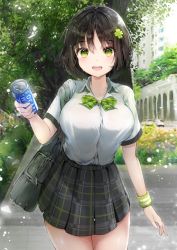 Rule 34 | 1girl, bag, black hair, blurry, blurry background, bow, bowtie, breasts, can, clover hair ornament, commentary request, drink can, flower, hair between eyes, hair ornament, highres, hiromaster sinta jh, holding, holding can, large breasts, looking at viewer, open mouth, original, outdoors, patterned clothing, shirt, short hair, short sleeves, skirt, smile, soda can, solo, standing, sweatdrop, tree, white shirt, wristband