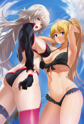Rule 34 | 2girls, ahoge, armpits, arms behind head, arms up, ass, back, bare shoulders, bikini, black bikini, black gloves, black jacket, blonde hair, blue eyes, blue sky, blush, breasts, butt crack, cleavage, closed mouth, collarbone, cropped jacket, day, fate/grand order, fate (series), gloves, hair between eyes, highres, hotate-chan, jacket, jeanne d&#039;arc alter (swimsuit berserker) (fate), jeanne d&#039;arc (fate), jeanne d&#039;arc (ruler) (fate), jeanne d&#039;arc (swimsuit archer) (fate), jeanne d&#039;arc (swimsuit archer) (first ascension) (fate), jeanne d&#039;arc alter (fate), jeanne d&#039;arc alter (swimsuit berserker) (fate), large breasts, long hair, long sleeves, looking at viewer, looking back, multiple girls, navel, o-ring, o-ring bikini, open mouth, ponytail, red legwear, shrug (clothing), sideboob, silver hair, single thighhigh, sky, smile, swimsuit, thigh strap, thighhighs, thighs, very long hair, yellow eyes