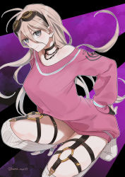 Rule 34 | 1girl, absurdres, ahoge, alternate costume, antenna hair, arm support, barbed wire, bare shoulders, black background, black choker, black gloves, blonde hair, choker, closed mouth, collarbone, commentary request, danganronpa (series), danganronpa v3: killing harmony, fingerless gloves, gloves, goggles, goggles on head, hair between eyes, hana mori mikan, hand on own hip, highres, holster, huge filesize, iruma miu, jewelry, letterboxed, long hair, long sleeves, looking at viewer, messy hair, necklace, no shoes, o-ring, o-ring bottom, purple background, skindentation, smile, solo, squatting, sweater, thigh holster, thigh strap, twitter username, white legwear