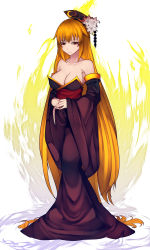 Rule 34 | 1girl, absurdly long hair, adapted costume, aoshima, aura, bare shoulders, black dress, breasts, cleavage, collarbone, commentary request, detached sleeves, dress, empty eyes, flower, full body, hat, hat flower, headdress, highres, junko (touhou), large breasts, long dress, long hair, long sleeves, looking at viewer, orange hair, pom pom (clothes), red eyes, red sash, sash, sidelocks, simple background, solo, standing, tassel, touhou, very long hair, white background, white flower, wide sleeves