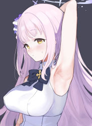 Rule 34 | 1girl, absurdres, arm up, armpits, black background, black bow, black bowtie, blue archive, blush, bow, bowtie, breasts, closed mouth, dress, hair ornament, halo, highres, large breasts, long hair, looking at viewer, mika (blue archive), signalviolet, simple background, sleeveless, sleeveless dress, solo, sweat, upper body, very long hair, white dress, yellow eyes