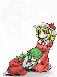 Rule 34 | 2girls, @ @, ascot, blonde hair, breast rest, breasts, breasts on head, dress, elly (touhou), closed eyes, female focus, frills, green hair, hair over one eye, hat, highres, invisible, kazami yuuka, kazami yuuka (pc-98), kujira lorant, lap pillow, long hair, multiple girls, mystic square, on lap, projected inset, red eyes, saliva, sitting, sleeping, touhou, touhou (pc-98), umbrella, when you see it, yellow eyes
