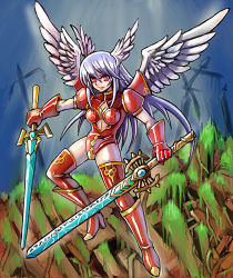 Rule 34 | 1girl, adapted costume, angel wings, boots, breasts, cleavage, cleavage cutout, closed mouth, clothing cutout, diamond (shape), dual wielding, elbow gloves, feathered wings, feathers, final fantasy, final fantasy tactics, full body, gem, gloves, gold trim, hair between eyes, head wings, high heel boots, high heels, holding, holding sword, holding weapon, legs apart, leotard, lips, long hair, midriff, multiple wings, no pupils, oomasa teikoku, puffy short sleeves, puffy sleeves, red eyes, red footwear, red gloves, red leotard, red thighhighs, short sleeves, sidelocks, silver hair, small breasts, solo, straight hair, sword, thighhighs, ultima (fft), weapon, white wings, wings, zettai ryouiki