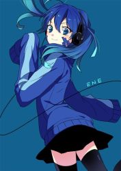Rule 34 | 1girl, blue background, blue eyes, blue hair, blue theme, character name, ene (kagerou project), headphones, jacket, kagerou project, long hair, missing limb, satou iruno, skirt, sleeves past fingers, sleeves past wrists, smile, solo, thighhighs, track jacket, twintails