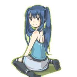 Rule 34 | 1girl, blue hair, erinan, fairy tail, no shoes, sitting, smile, solo, thighhighs, twintails, wariza, wendy marvell
