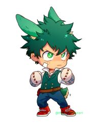 Rule 34 | 1boy, animal ears, belt, blue pants, boku no hero academia, brown belt, chibi, clenched hands, closed mouth, commentary, english commentary, freckles, full body, gloves, green eyes, green hair, green vest, highres, kemonomimi mode, male focus, midoriya izuku, official alternate costume, pants, rabbit boy, rabbit ears, rabbit tail, red footwear, shoes, short hair, simple background, solo, standing, tail, thatmightyheart, vest, white background, white gloves