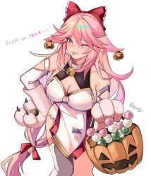 Rule 34 | 1girl, ;p, animal ears, animal hands, blush, bow, breasts, cleavage, dango, dress, ear ornament, earrings, food, food-themed earrings, food themed earrings, fox ears, fox girl, genshin impact, gloves, hair between eyes, hair bow, halloween bucket, hand on own hip, highres, jewelry, looking at viewer, medium breasts, one eye closed, paw gloves, pink hair, pumpkin earrings, purple eyes, red bow, rudang, sanshoku dango, simple background, single thighhigh, solo, thighhighs, tongue, tongue out, wagashi, white background, white dress, white thighhighs, yae miko