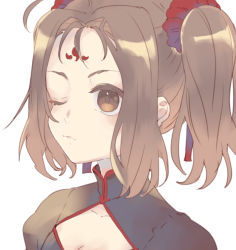 Rule 34 | 1girl, black dress, blush, brown eyes, brown hair, china dress, chinese clothes, closed mouth, dress, facial mark, fate/grand order, fate (series), forehead, forehead mark, hair ornament, hair scrunchie, hair strand, kidhukaji, looking away, nezha (fate), one eye closed, parted bangs, red scrunchie, scrunchie, sidelocks, simple background, solo, twintails, upper body, white background