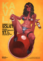 Rule 34 | 1girl, absurdres, alcohol, badge, bikini, black bikini, black hair, bottle, breasts, colored skin, commentary, covered erect nipples, demon girl, demon tail, drink, english text, glass, highres, hooves, horns, long hair, medium breasts, mole, mole under eye, monori rogue, navel, orange eyes, orb, original, prehensile tail, product placement, pubic tattoo, red skin, sitting, solo, spread legs, stomach tattoo, swimsuit, tail, tattoo, text focus, underboob, whiskey