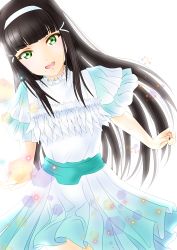 Rule 34 | 1girl, absurdres, aqua dress, aqua skirt, artist name, artist request, black hair, blunt bangs, breasts, detached collar, dreamy color, dreamy color (love live!), dress, feather dress, female focus, green eyes, hair ornament, hairband, hairclip, highres, kurosawa dia, long hair, looking at viewer, love live!, love live! school idol festival, love live! sunshine!!, miniskirt, mole, mole under mouth, plaid, plaid dress, plaid skirt, pleated, pleated dress, pleated skirt, short sleeves, skirt, small breasts, smile, solo, sparkle, teeth, upper teeth only, white background, white detached collar, white dress, white hairband, white skirt
