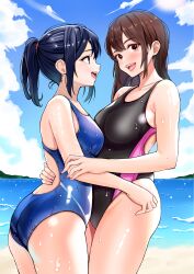 Rule 34 | 2girls, beach, black hair, black one-piece swimsuit, blue one-piece swimsuit, blue sky, breast press, breasts, brown eyes, cloud, commission, competition swimsuit, cowboy shot, day, highres, horizon, hug, long hair, looking at viewer, medium breasts, multiple girls, nobita (nbnobita), ocean, one-piece swimsuit, original, outdoors, pixiv commission, ponytail, sidelocks, sky, swimsuit, symmetrical docking, two-tone swimsuit, upper body