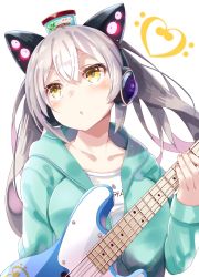 Rule 34 | 1girl, animal ear headphones, animal ears, breasts, cat ear headphones, cat ears, collarbone, commentary request, copyright request, cyanomirahi, electric guitar, fake animal ears, fingernails, green jacket, guitar, hair between eyes, hand up, head tilt, headphones, heart, holding, holding instrument, hood, hood down, hooded jacket, instrument, jacket, long hair, long sleeves, looking away, looking up, medium breasts, open clothes, open jacket, parted lips, shirt, silver hair, simple background, sleeves past wrists, solo, twintails, very long hair, virtual youtuber, white background, white shirt, yellow eyes
